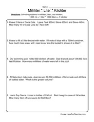 Milliliters and Liters 3rd Grade Worksheets Image