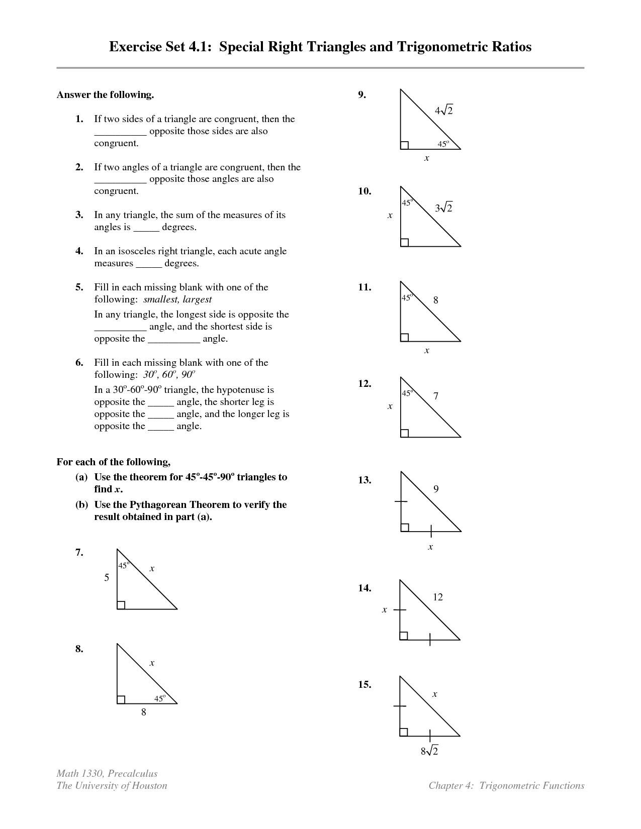Right Triangle Trigonometry Worksheet Image
