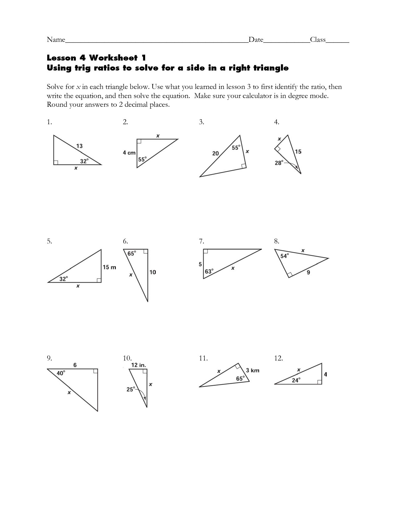 Solving Right Triangle Trigonometry Worksheet Image
