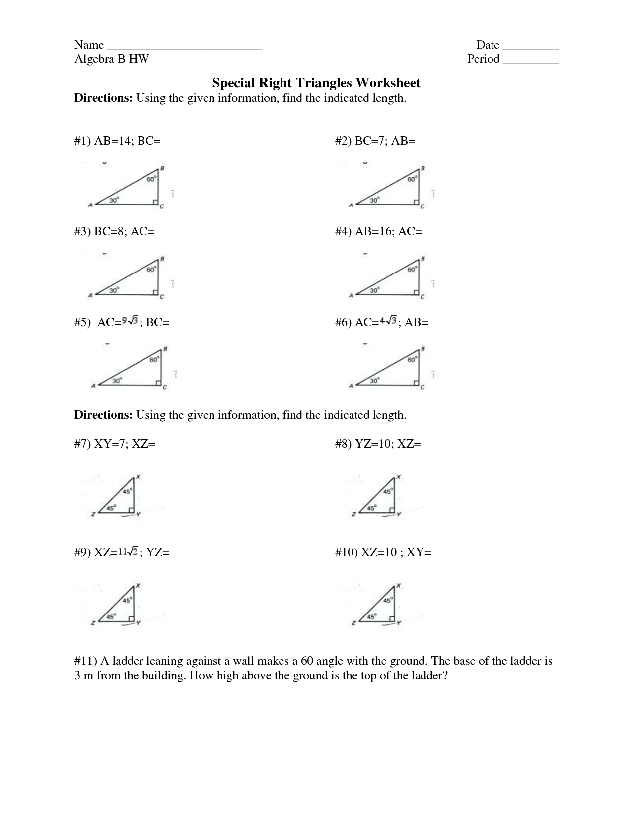 Special Right Triangles Worksheet Image