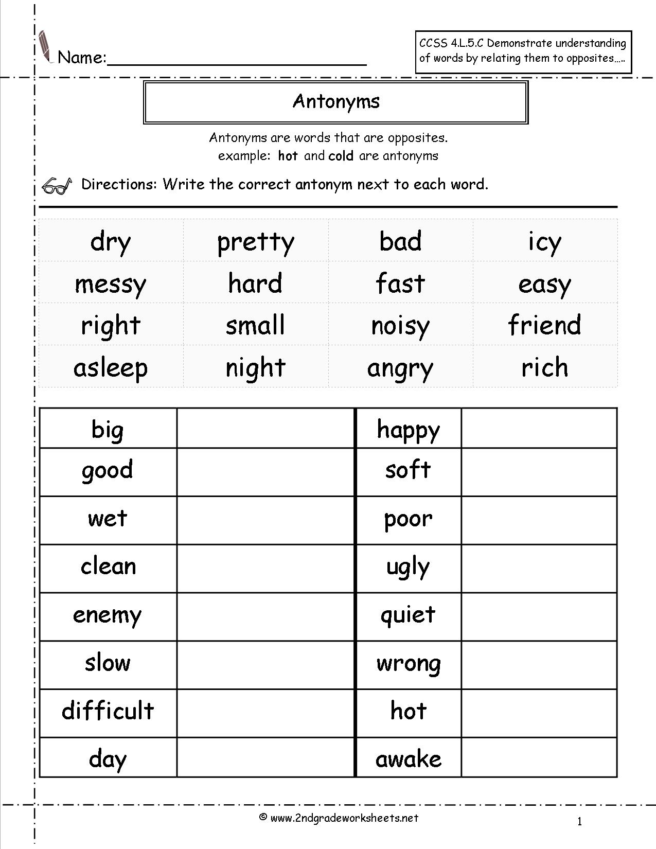 Synonym Antonym Worksheet 2nd Grade Image