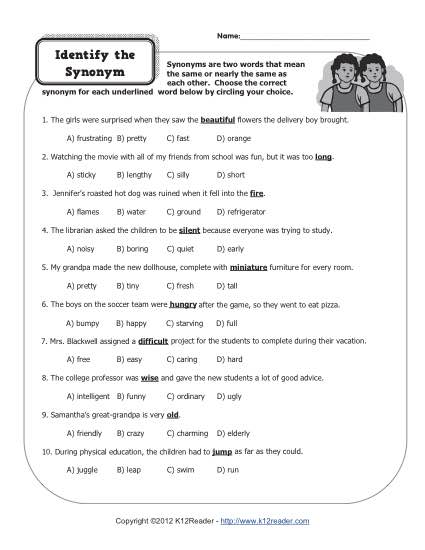 Synonym Worksheets 4th Grade Image
