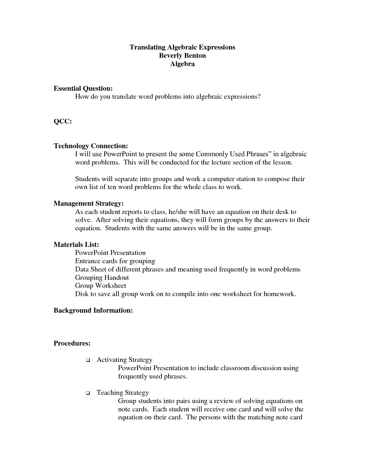 Translating Phrases To Algebraic Expressions Worksheet