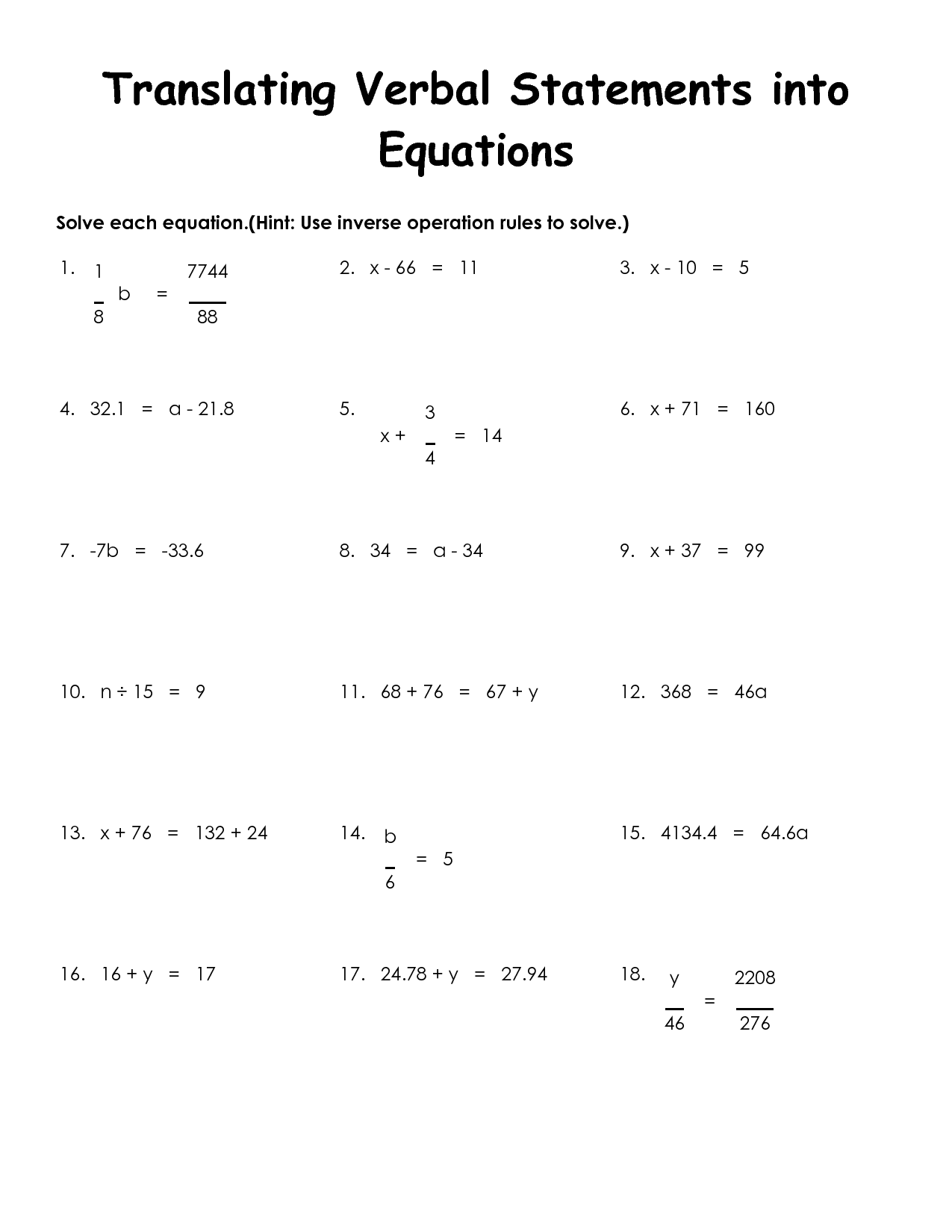 Translating Verbal Sentences To Algebraic Equations Worksheet