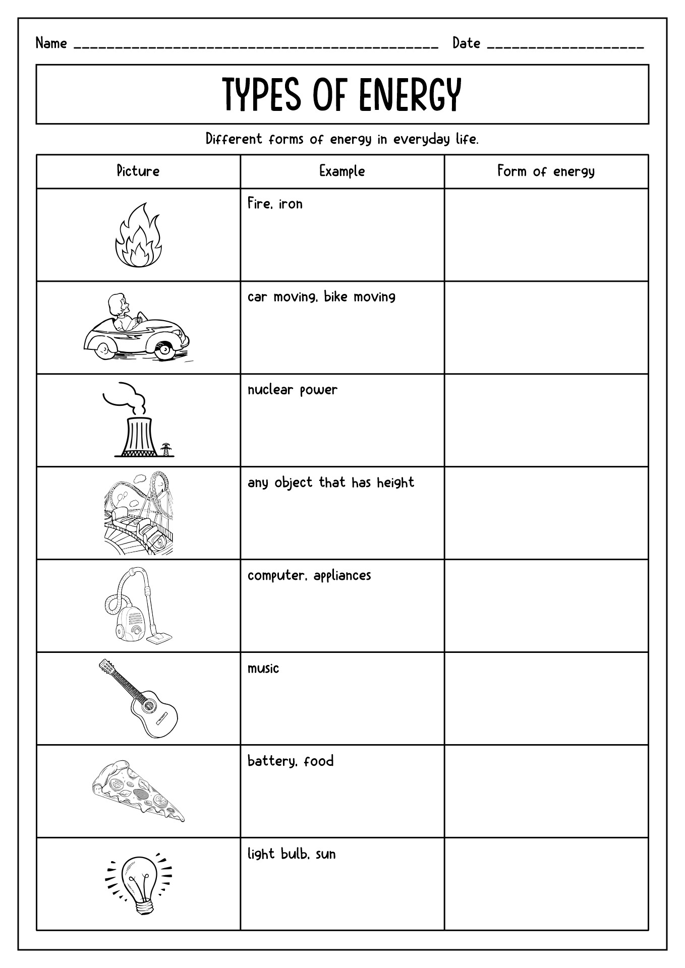 Types of Energy Science Worksheets Image
