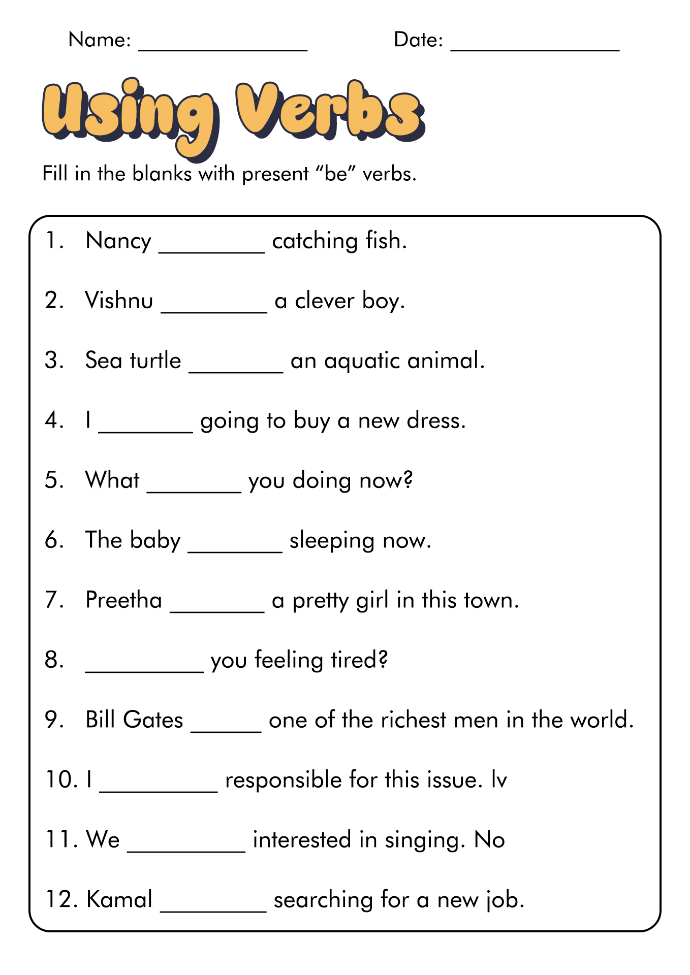 Verb Is and Are Worksheets