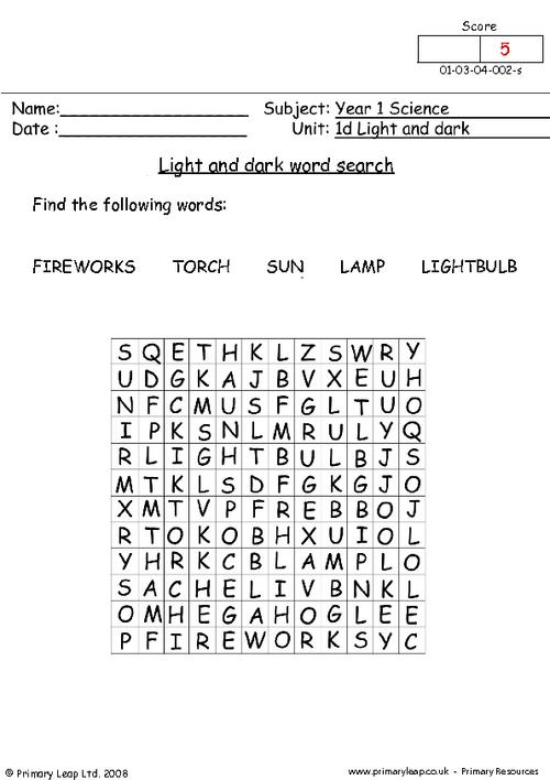 Word Search Science Light Worksheet Image