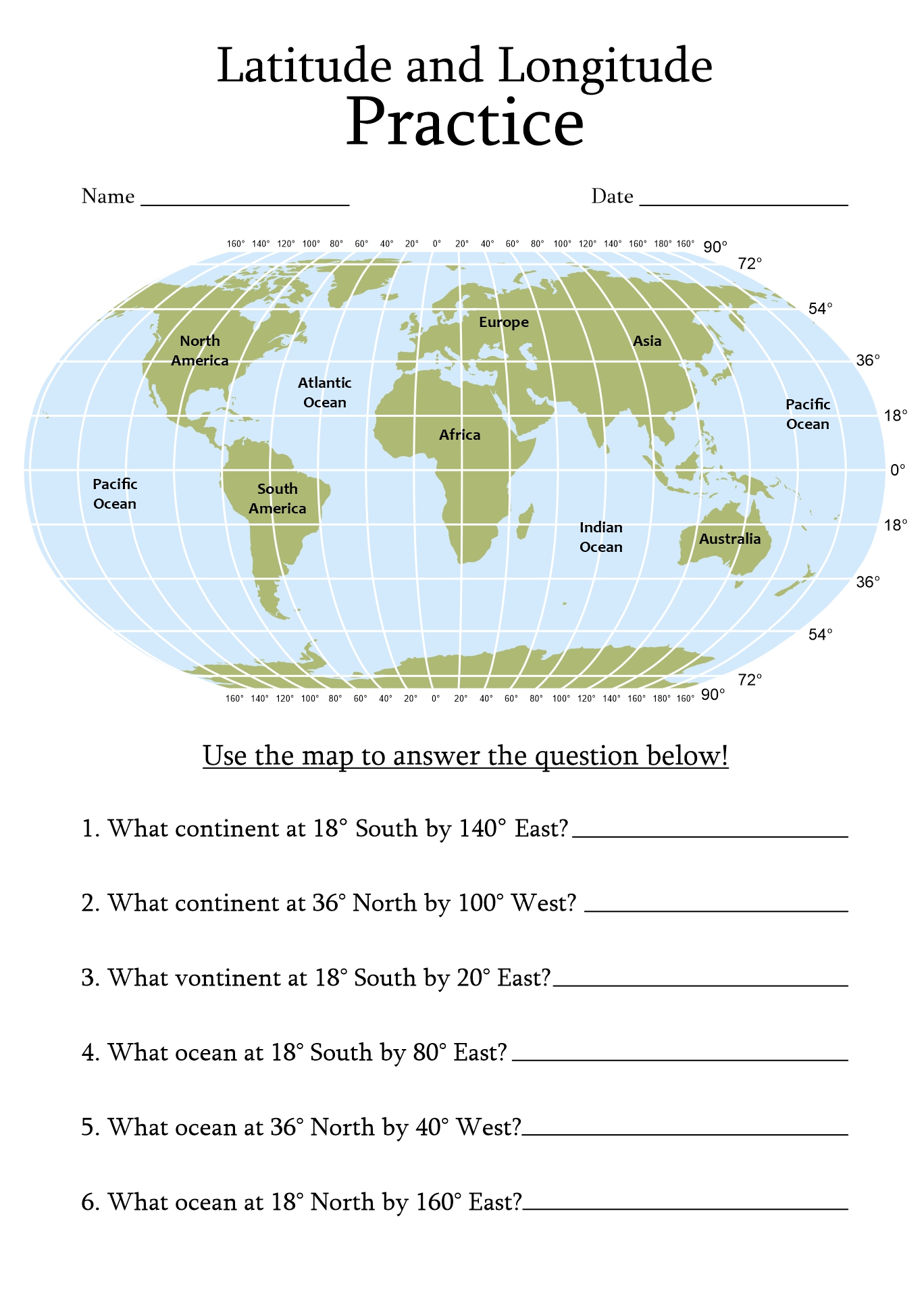 World Map Latitude and Longitude Worksheet Image