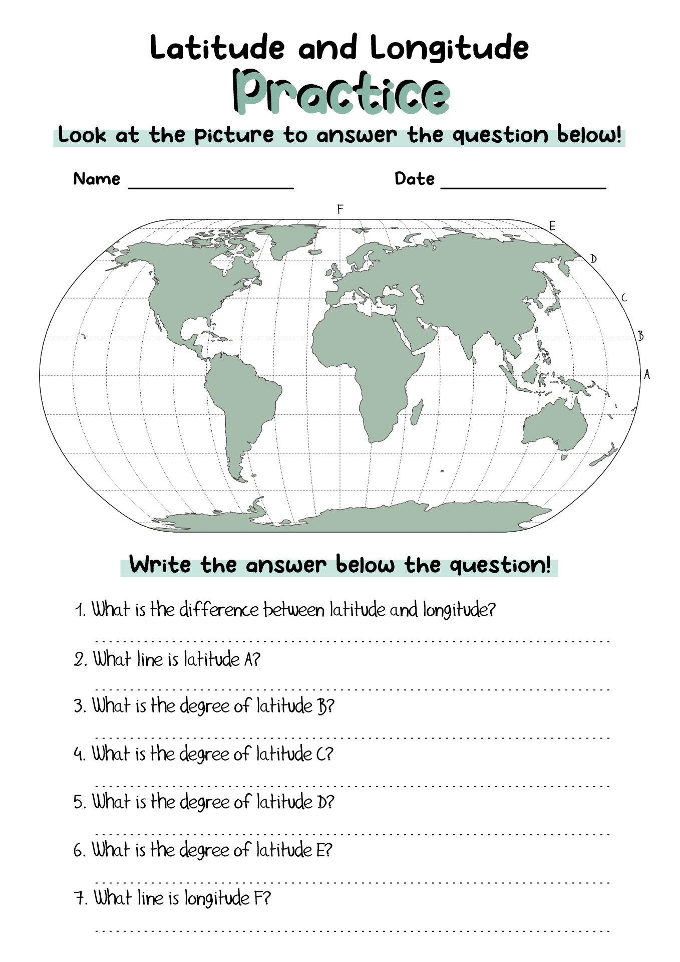 World Map with Latitude and Longitude Worksheet Image