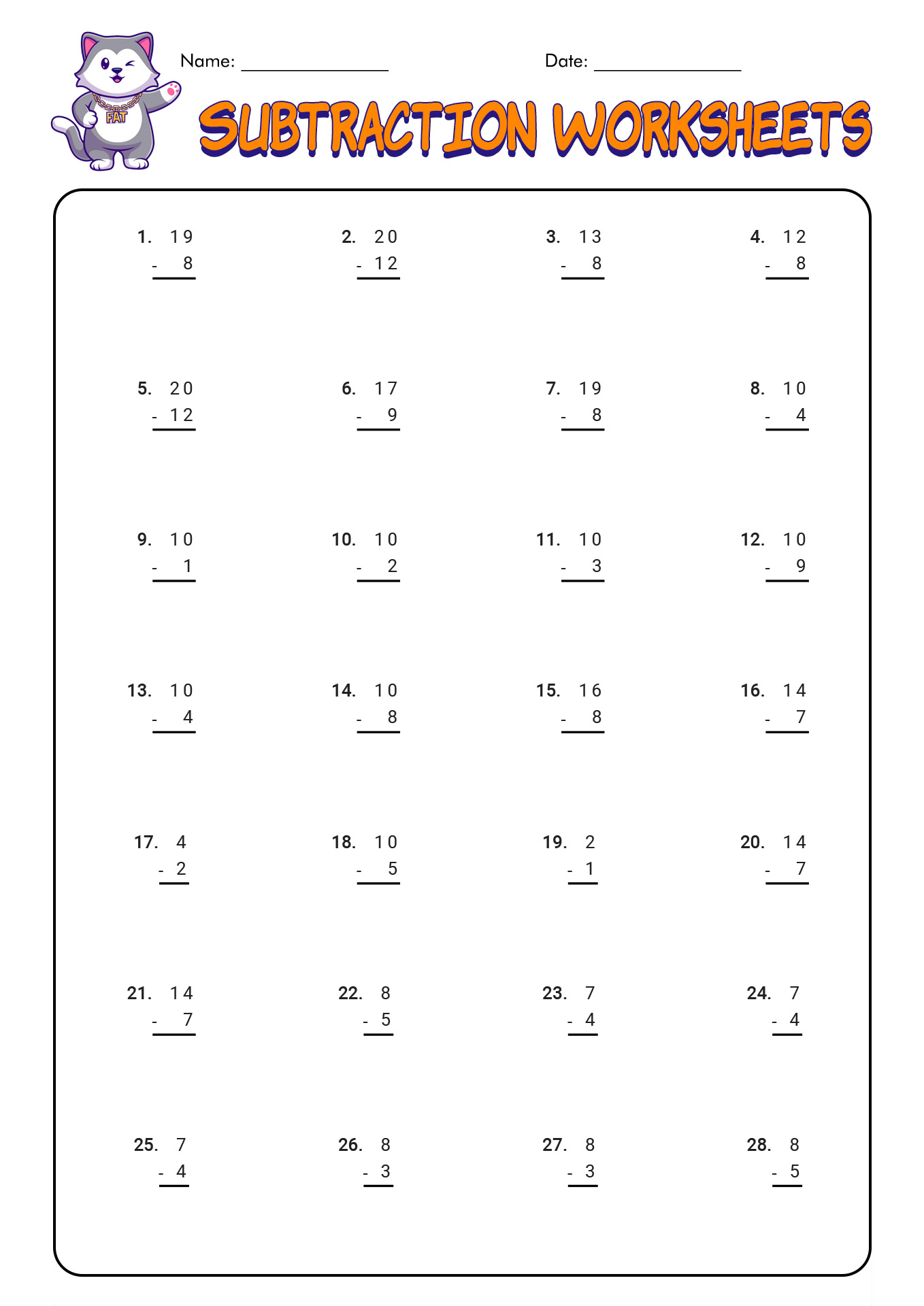 1st Grade Math Subtraction Worksheets