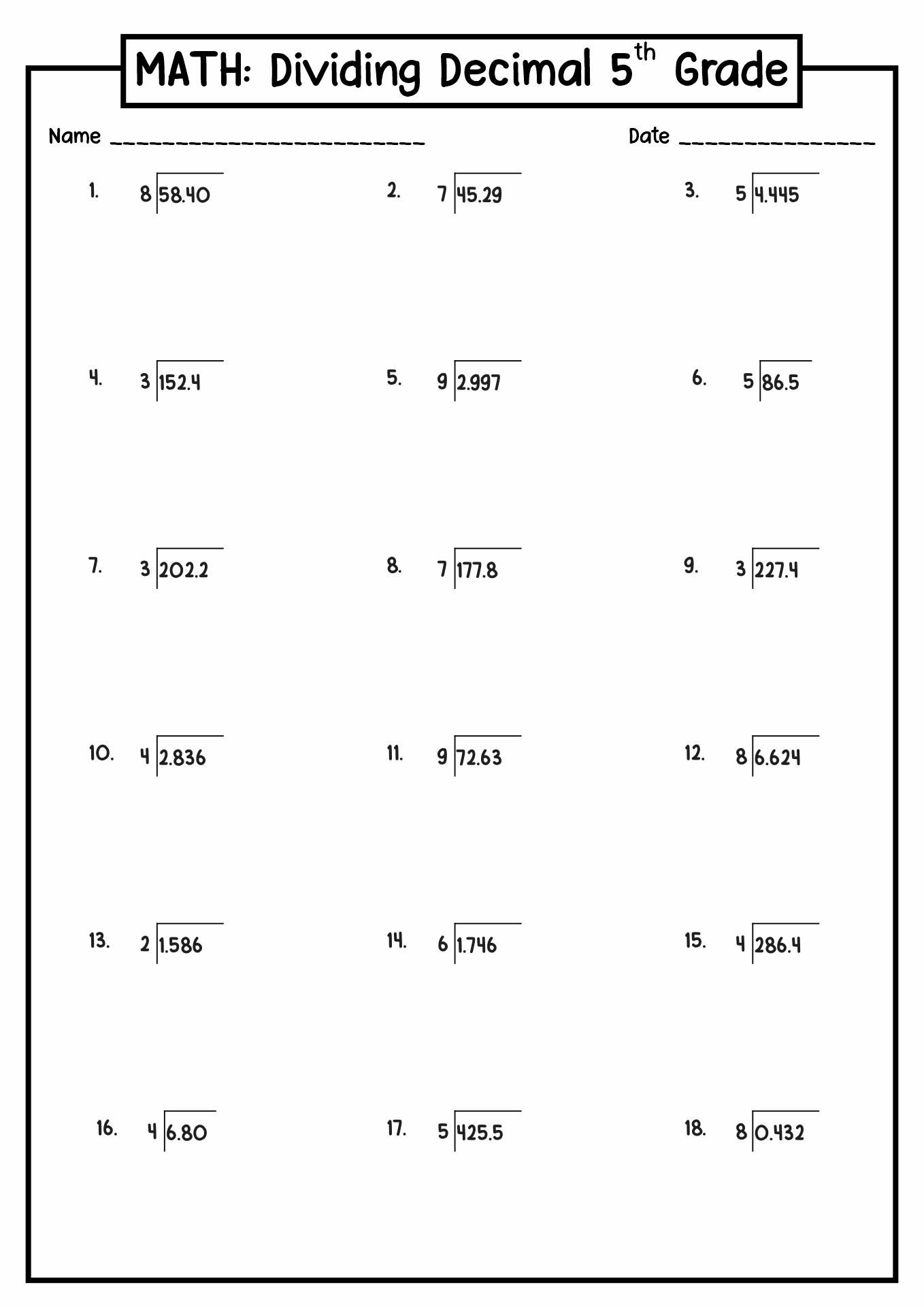 5th Grade Decimal Division Worksheets Image