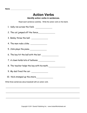 Action Verbs Worksheets Image