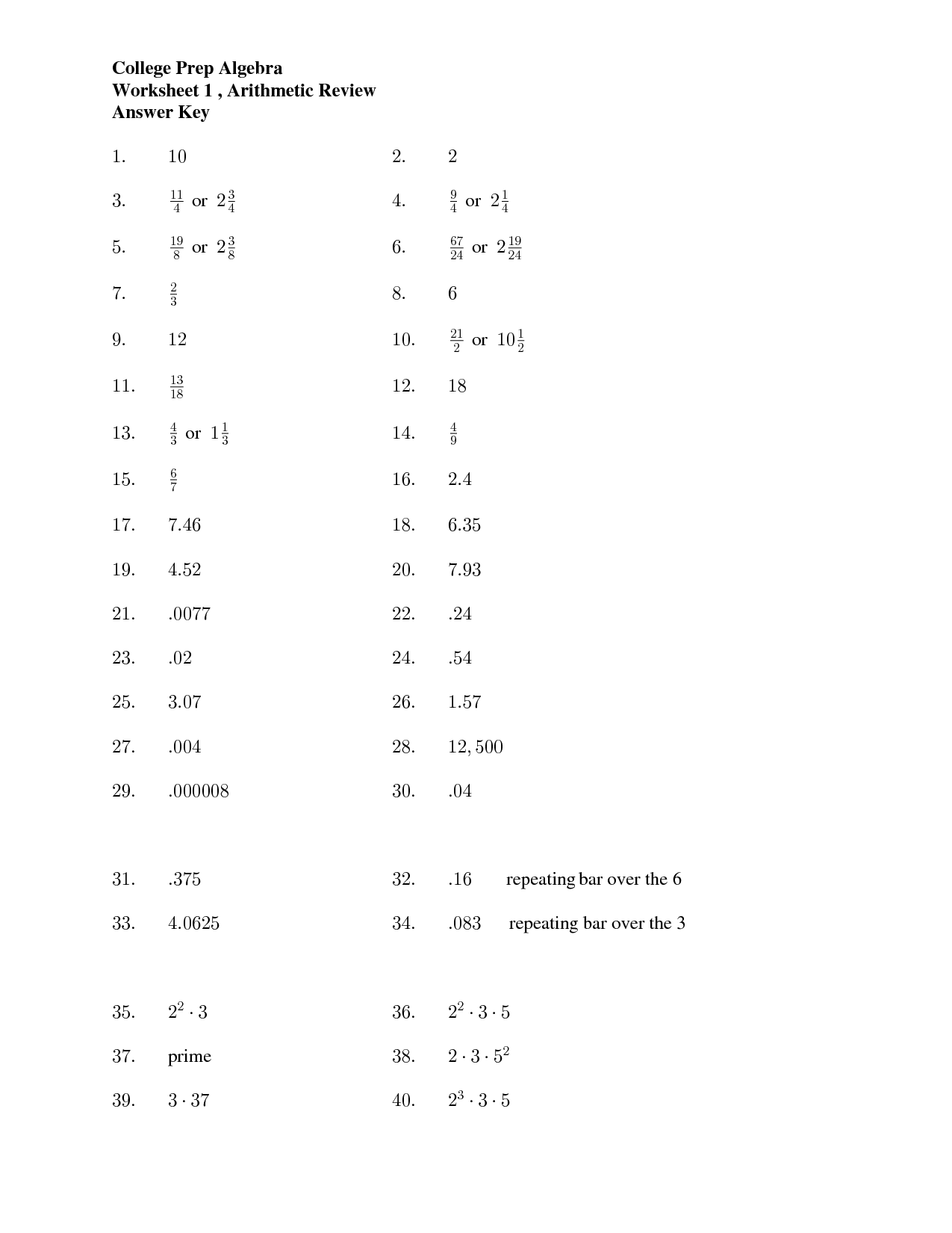 Algebra 2 Worksheet Answers