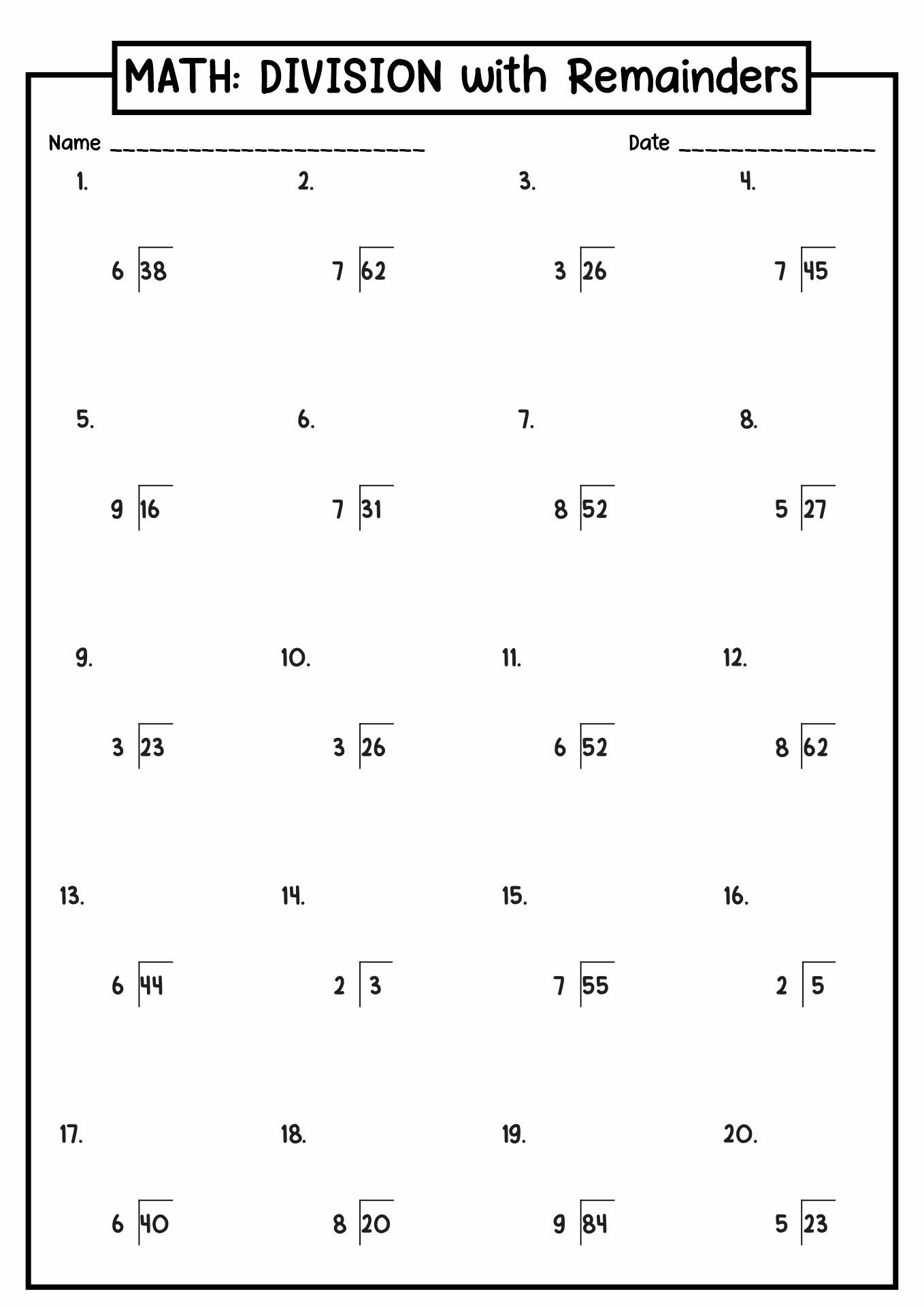 Division with Remainders Worksheets Image