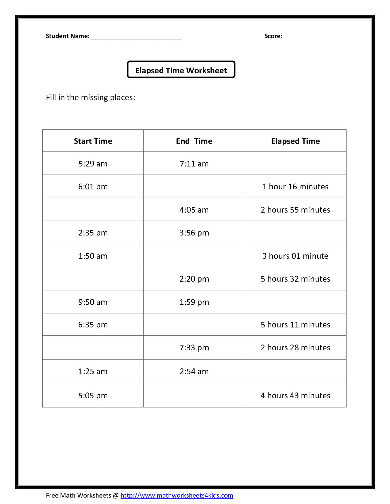 Elapsed Time Worksheets Image