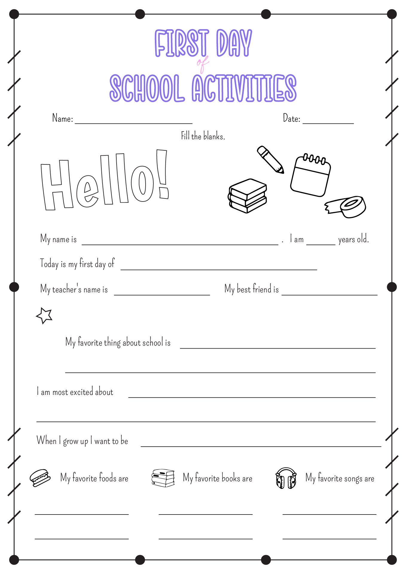 First Day of School Printable Activities