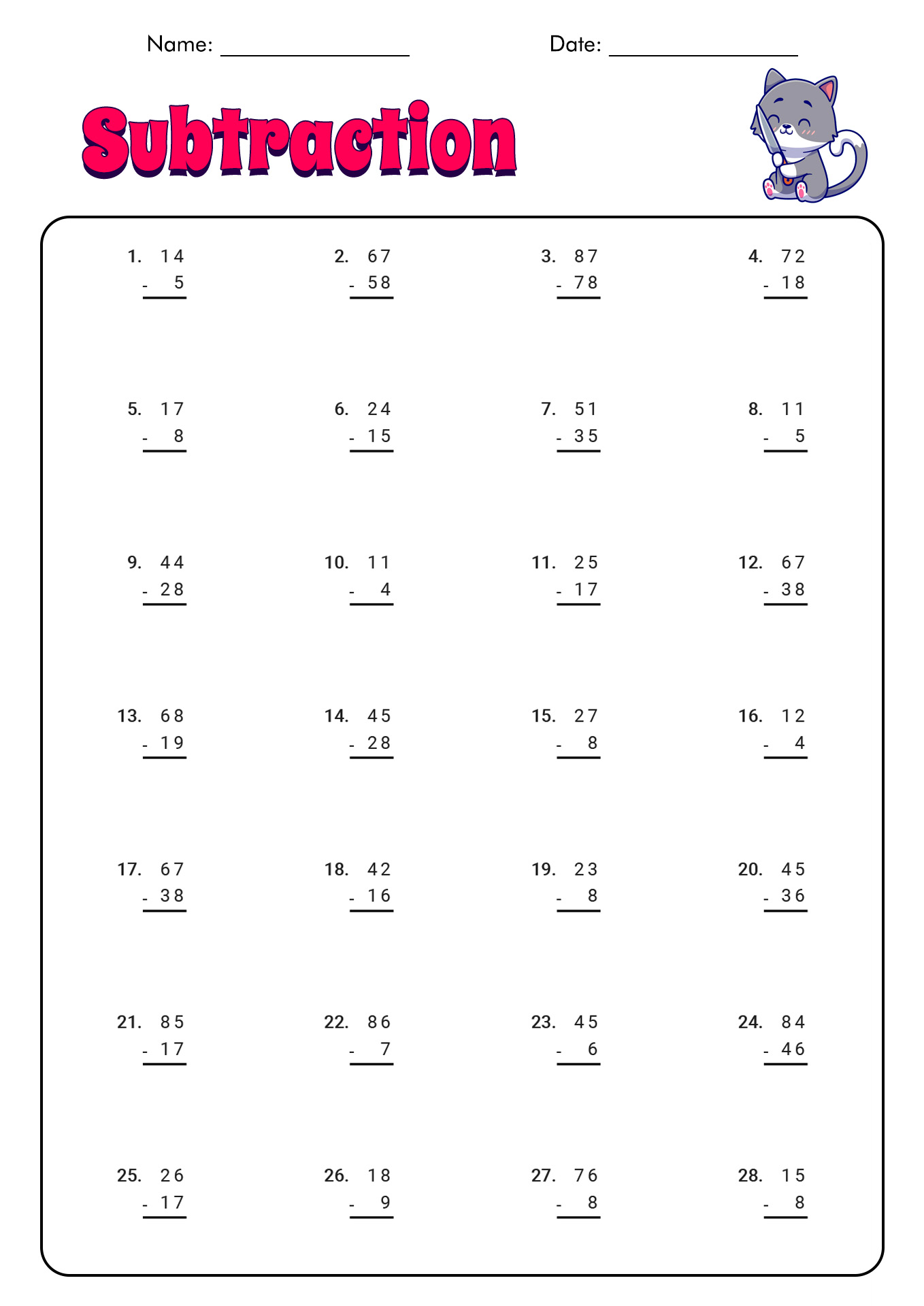 First Grade Math Subtraction Worksheets