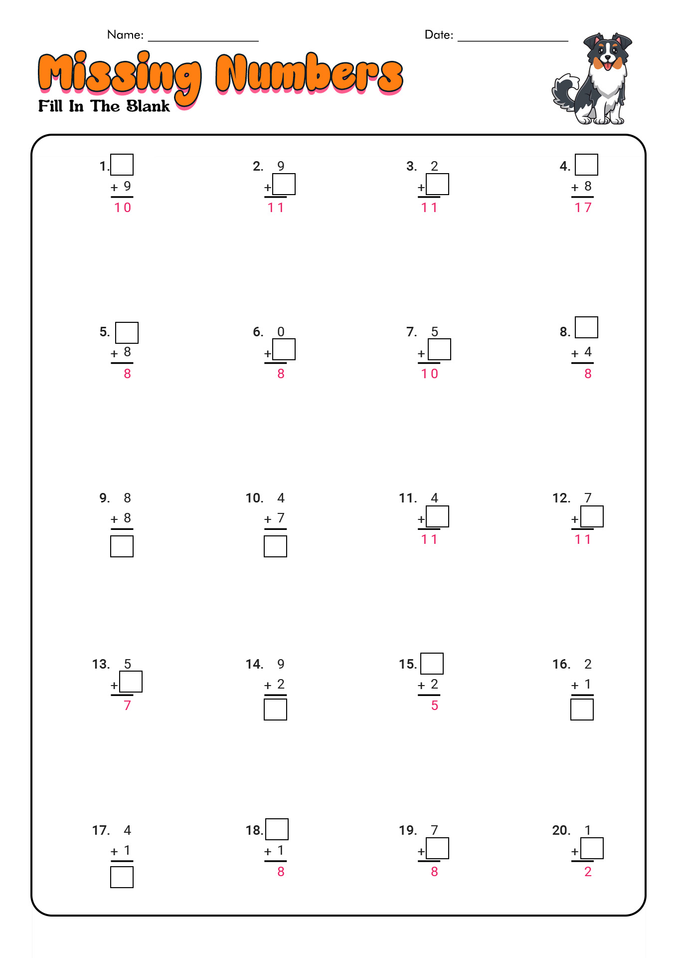 First Grade Missing Number Worksheets Image