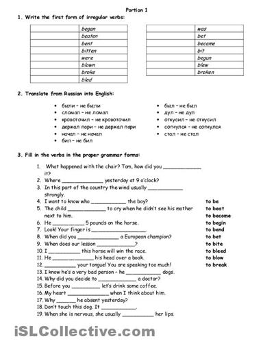 Irregular Verbs Worksheets Middle School Image