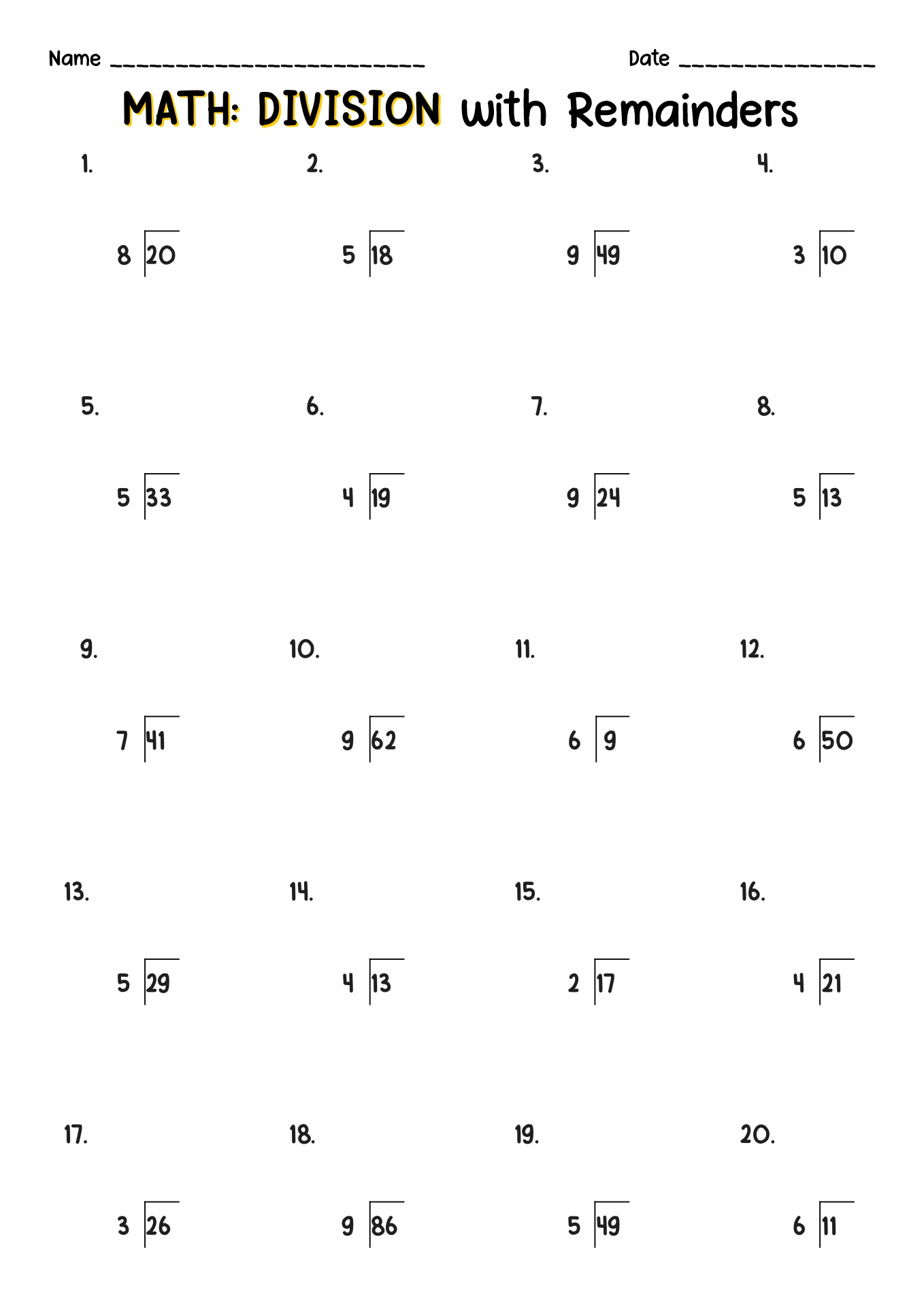 Free Printable Worksheets Division With Remainders