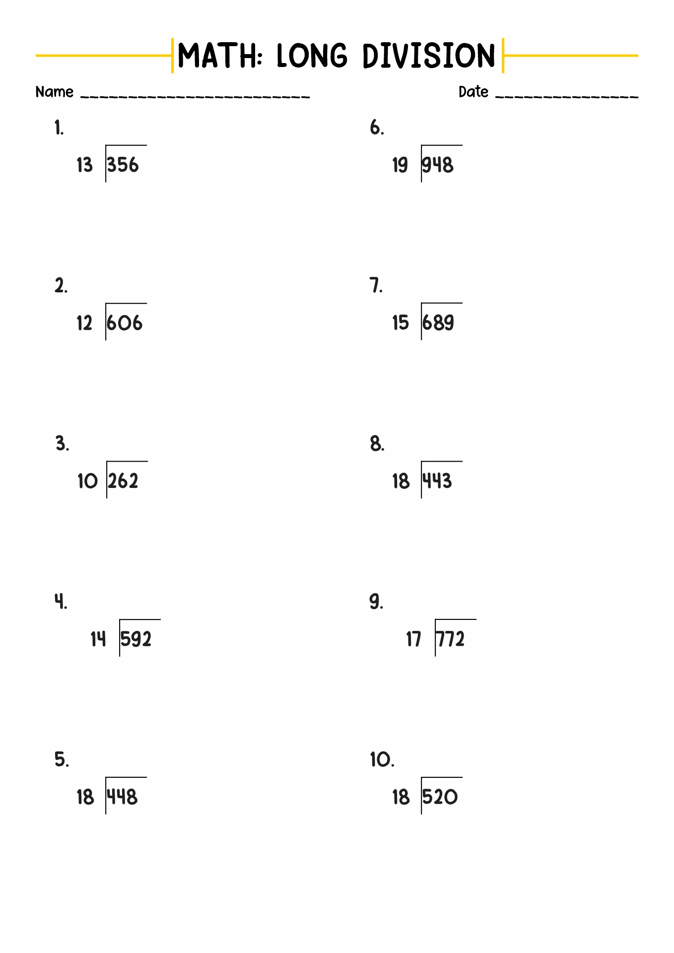 4th grade math worksheets long division