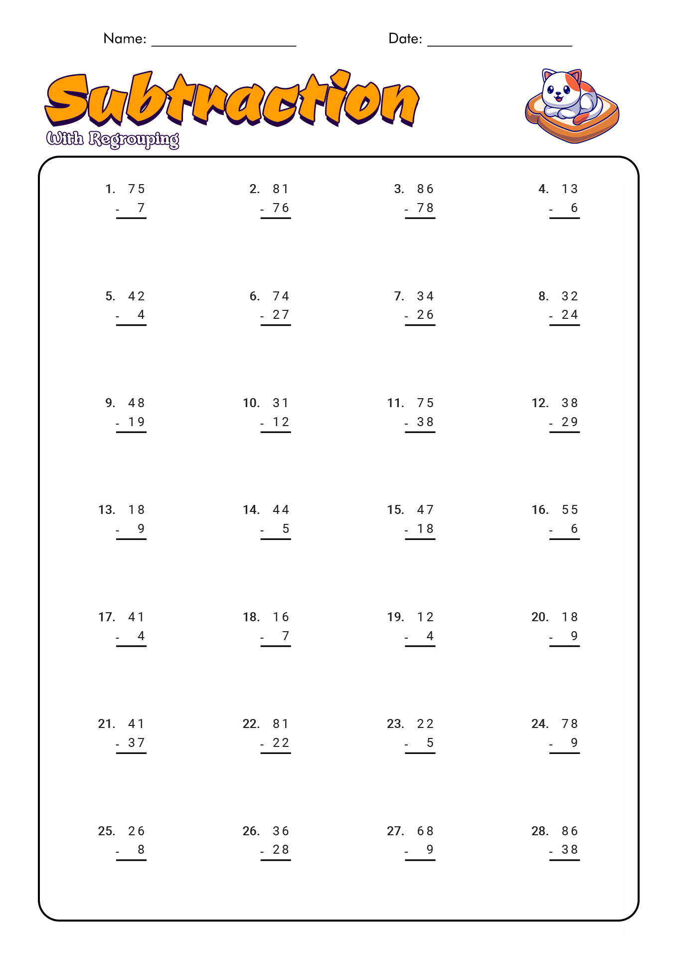 Math Worksheets Subtraction with Regrouping