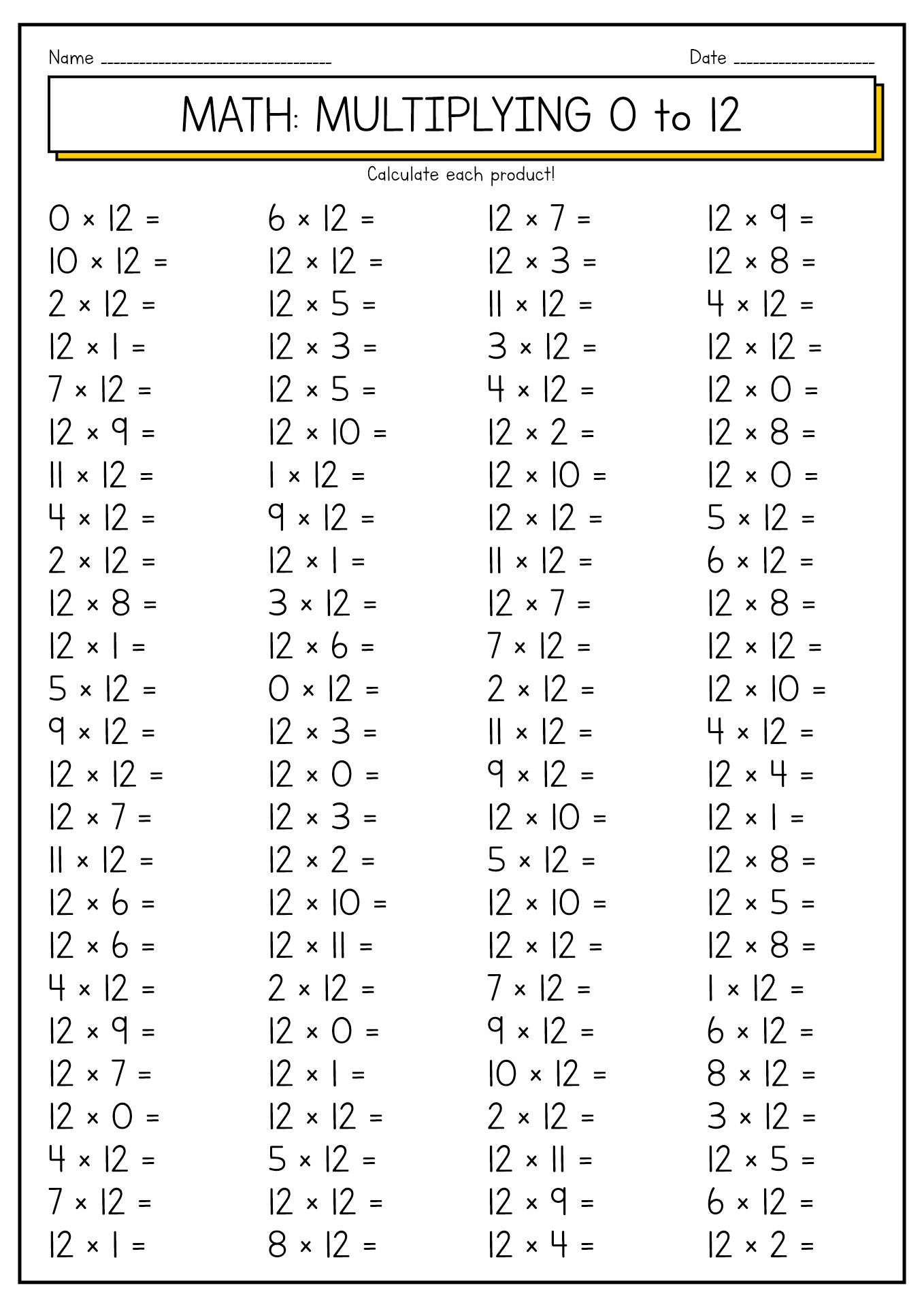Multiplication Worksheets 0-12 Image