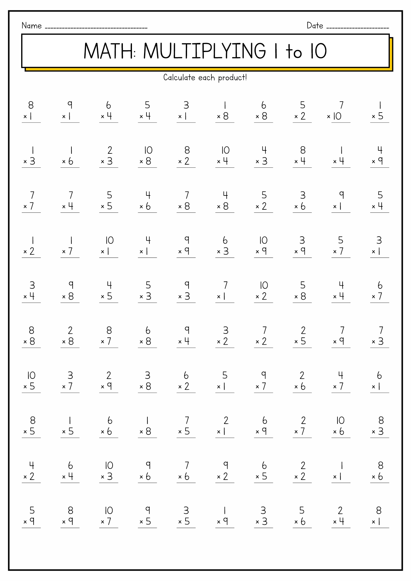 Multiplication Worksheets 1-10 Image