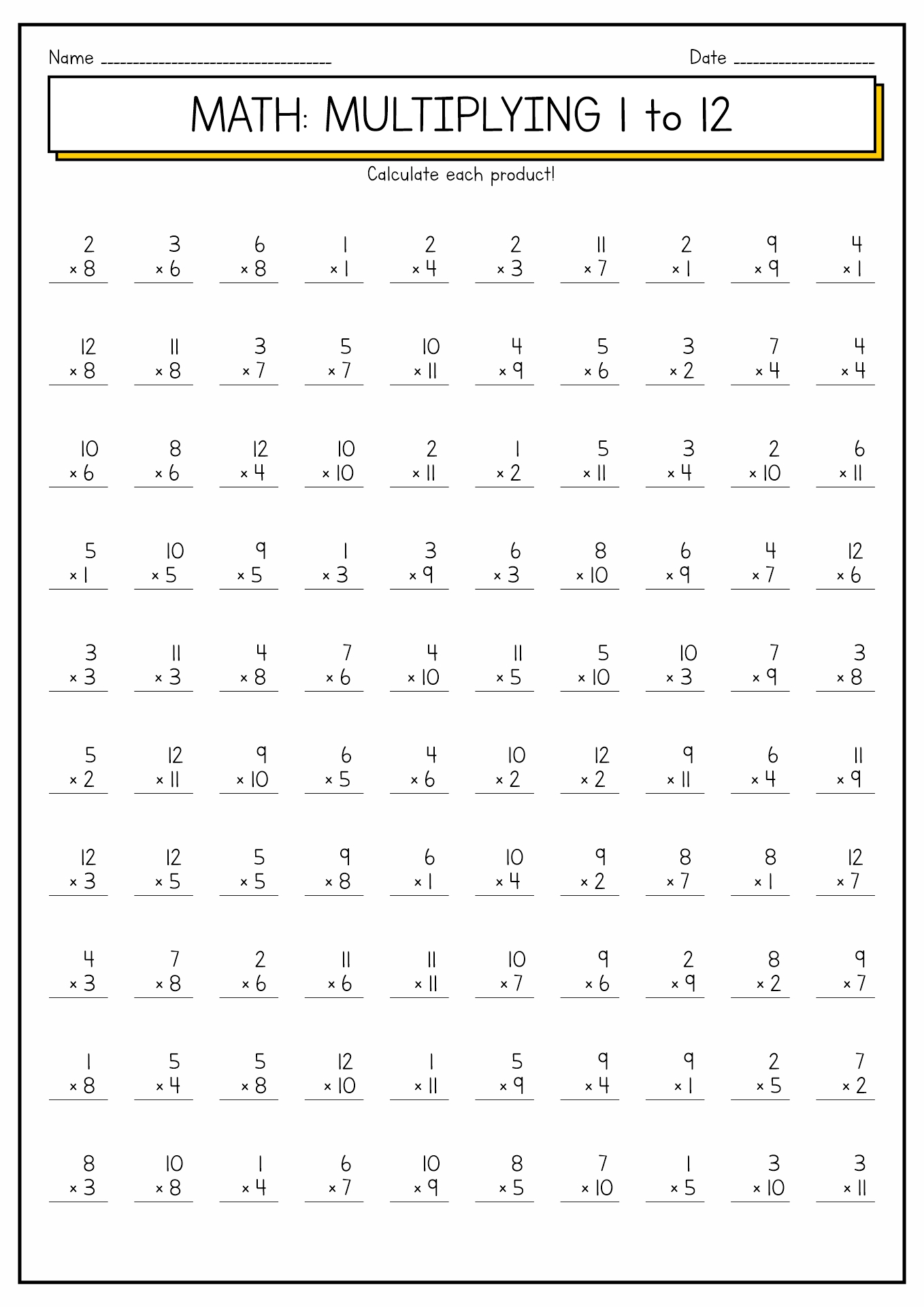 Multiplication Worksheets 100 Times Tables 1-12 Image