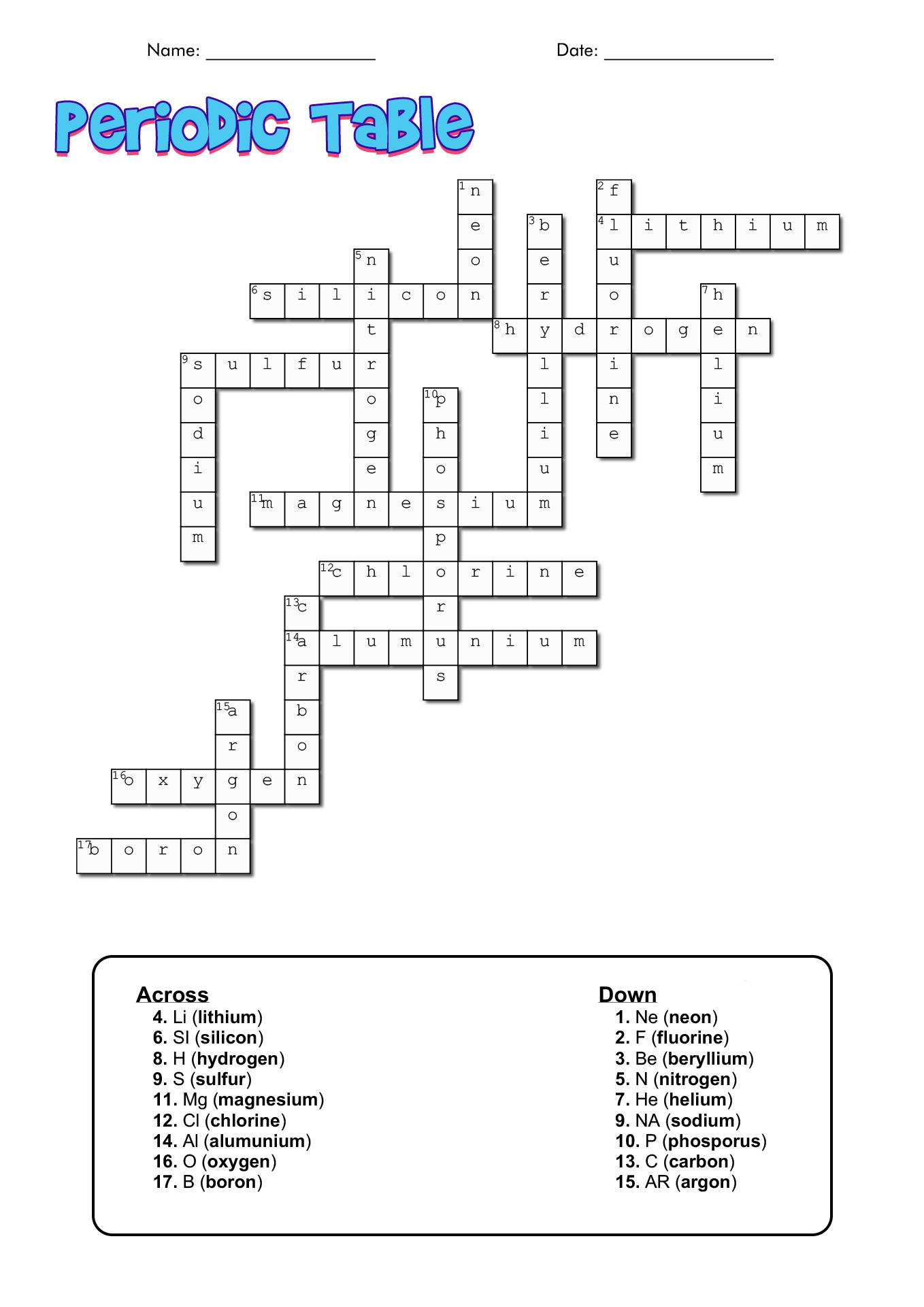 Periodic Table of Elements Crossword Puzzle Answer Image
