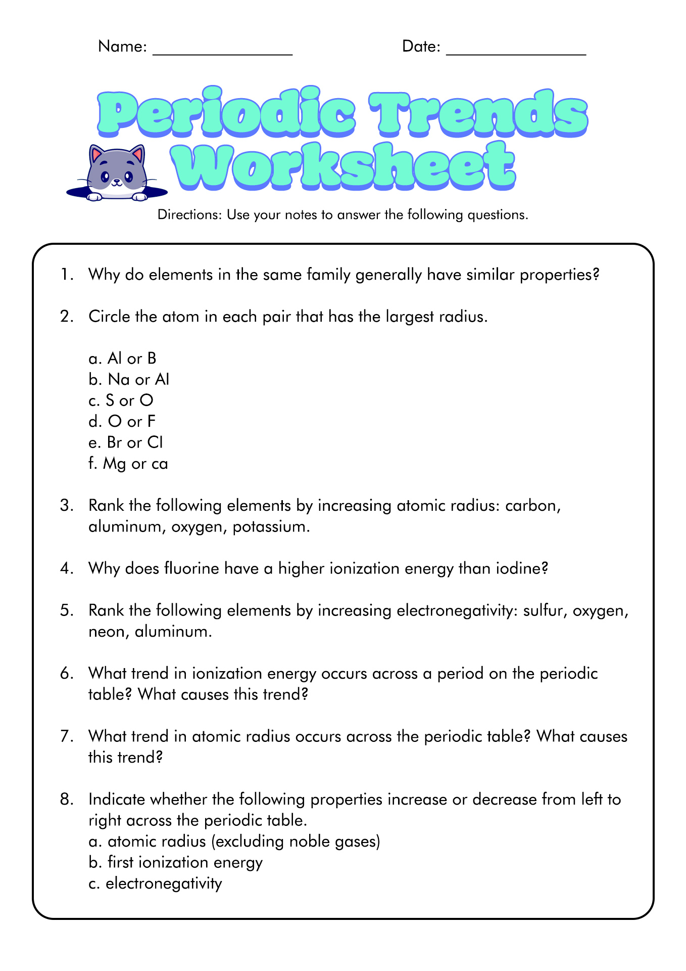 Periodic Table Trends Worksheet Answers Image