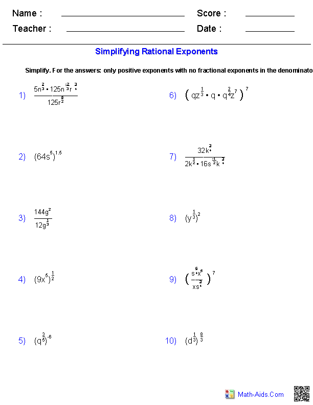 Simplifying Rational Exponents Worksheets Image
