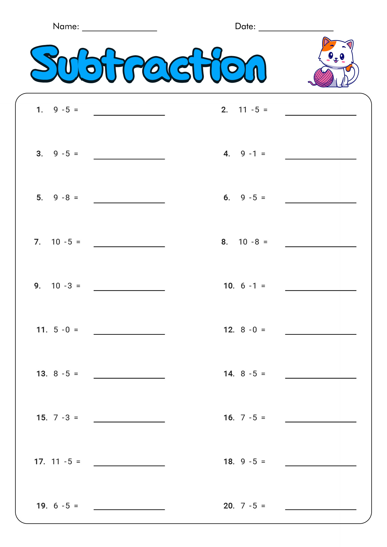 Subtraction Worksheets Grade 2