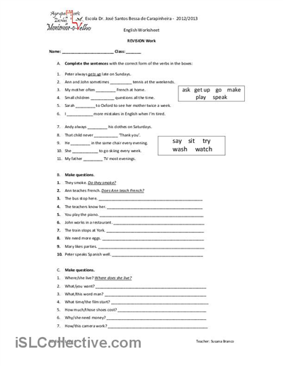 Tense Verb Worksheets Middle School Image