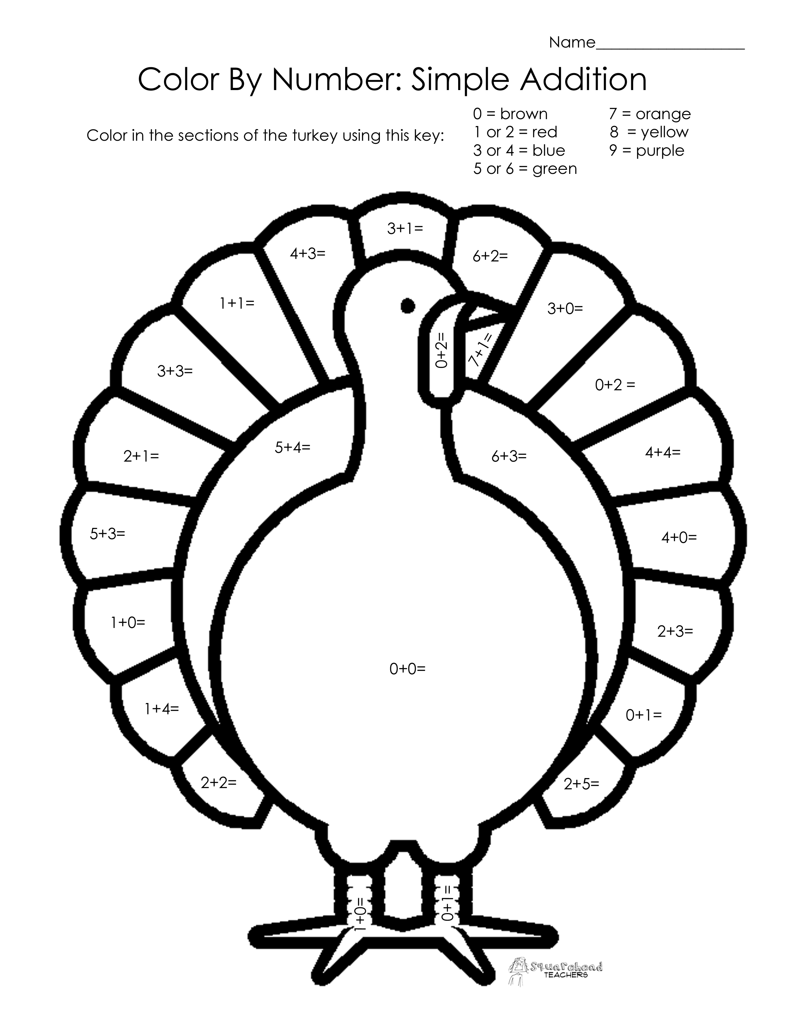Thanksgiving Color by Number Math Worksheet Image