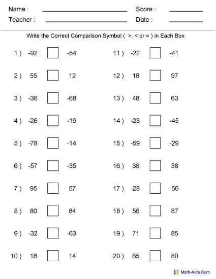 6th-Grade Integers Worksheets