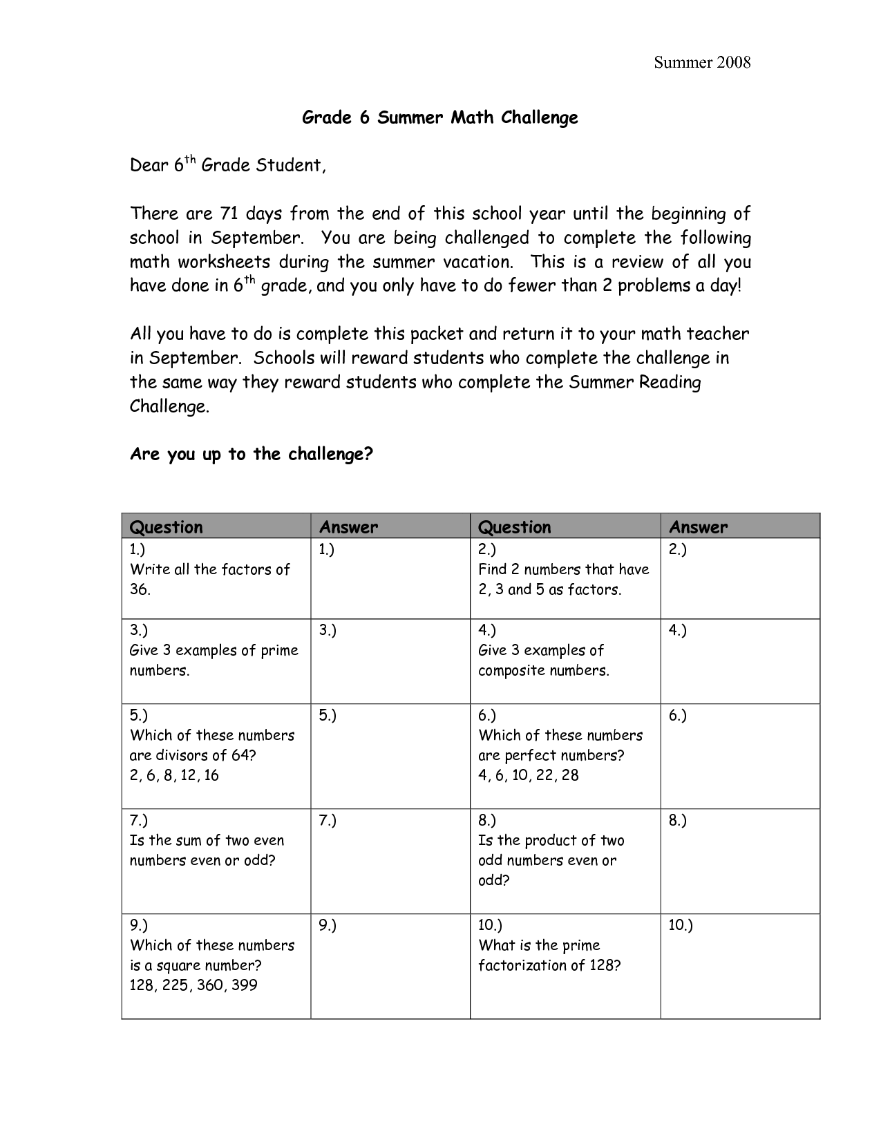 6th Grade Summer Math Worksheets Image