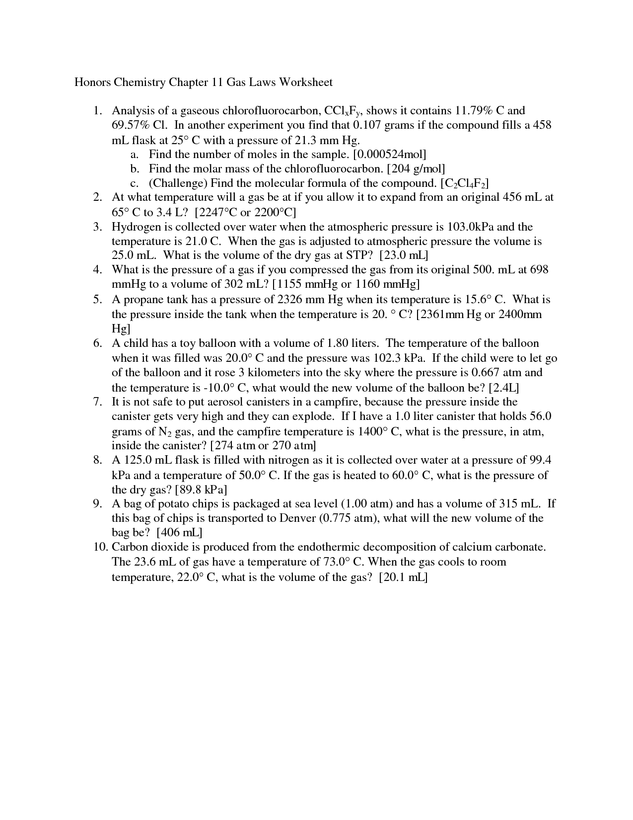 Chapter 11 Worksheet 1 Chemistry Image