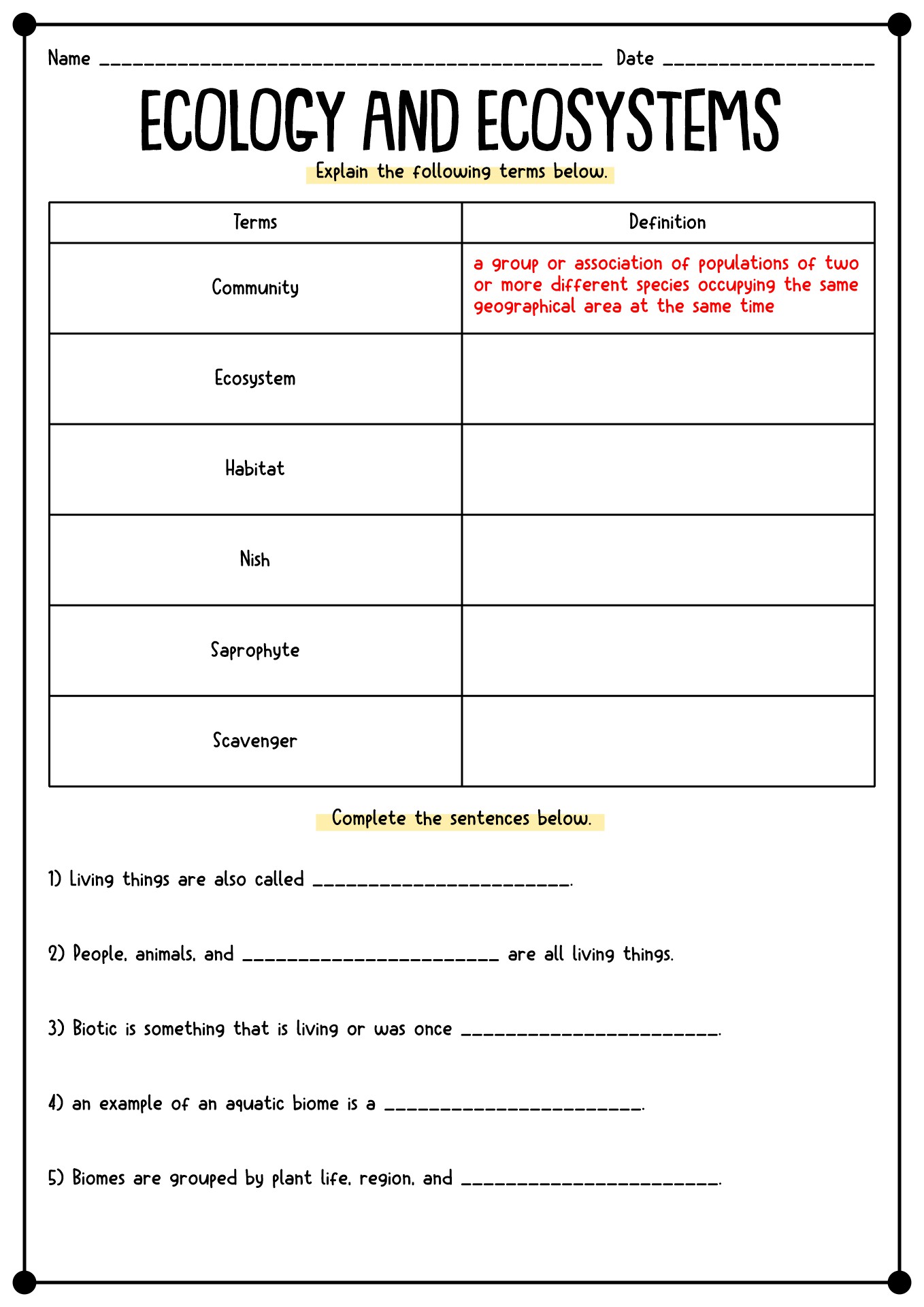 Ecology and Ecosystems Worksheets