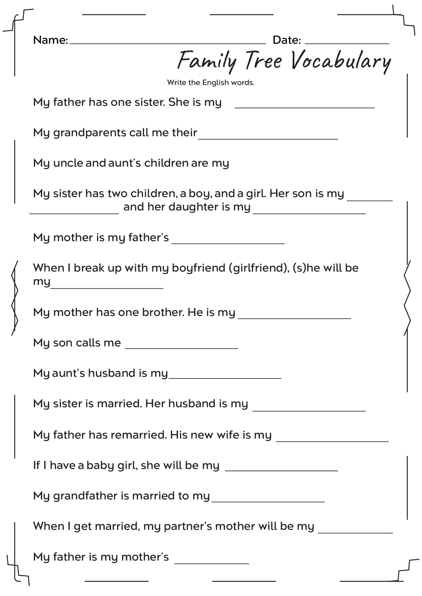 Family Tree Vocabulary Worksheets