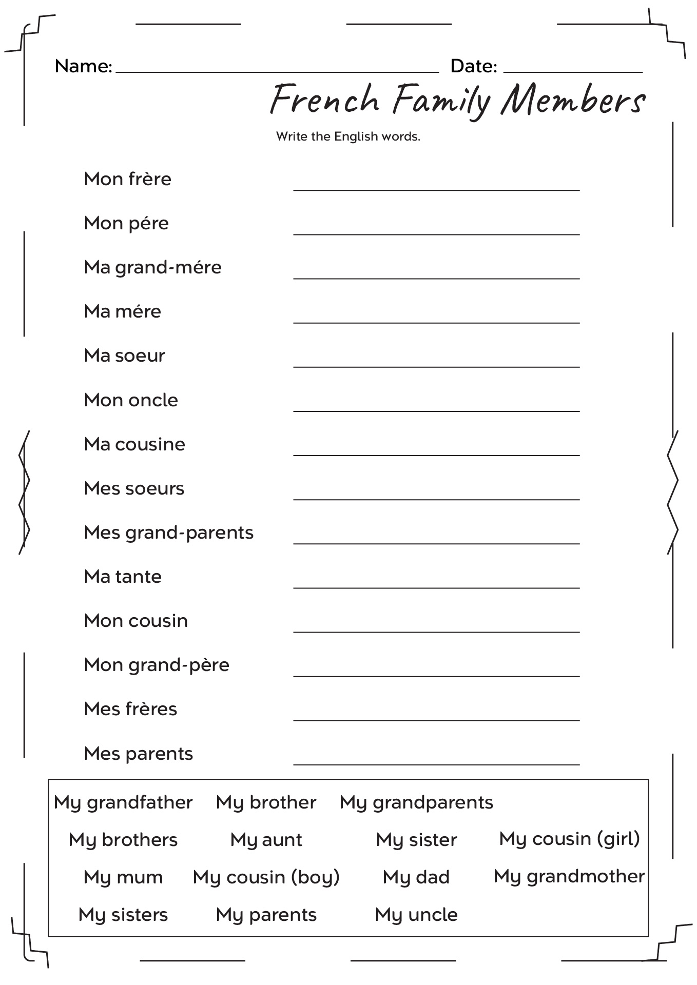 French Family Members Worksheets