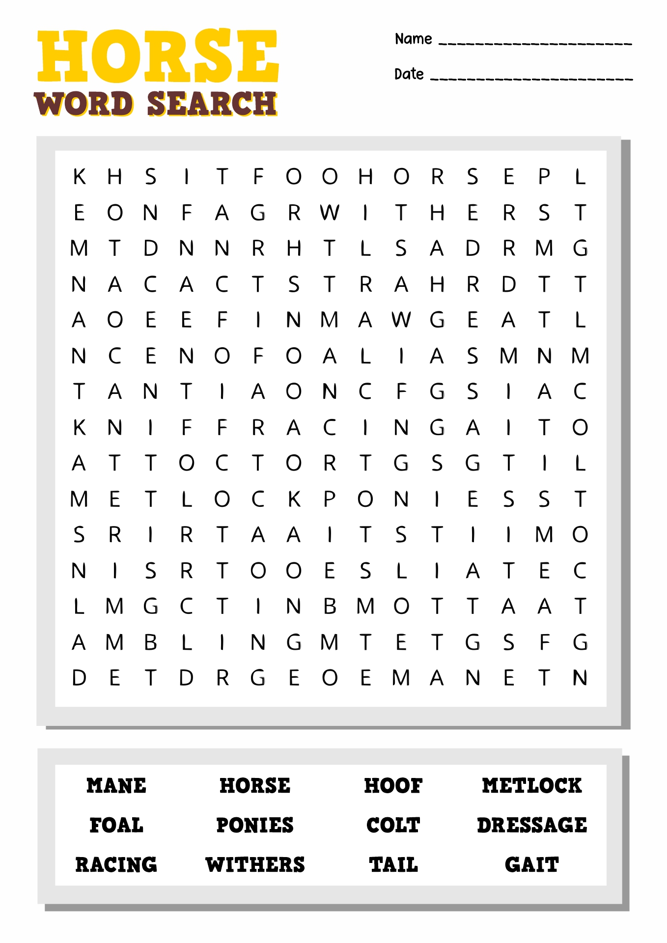 Horse Word Search Printable Image