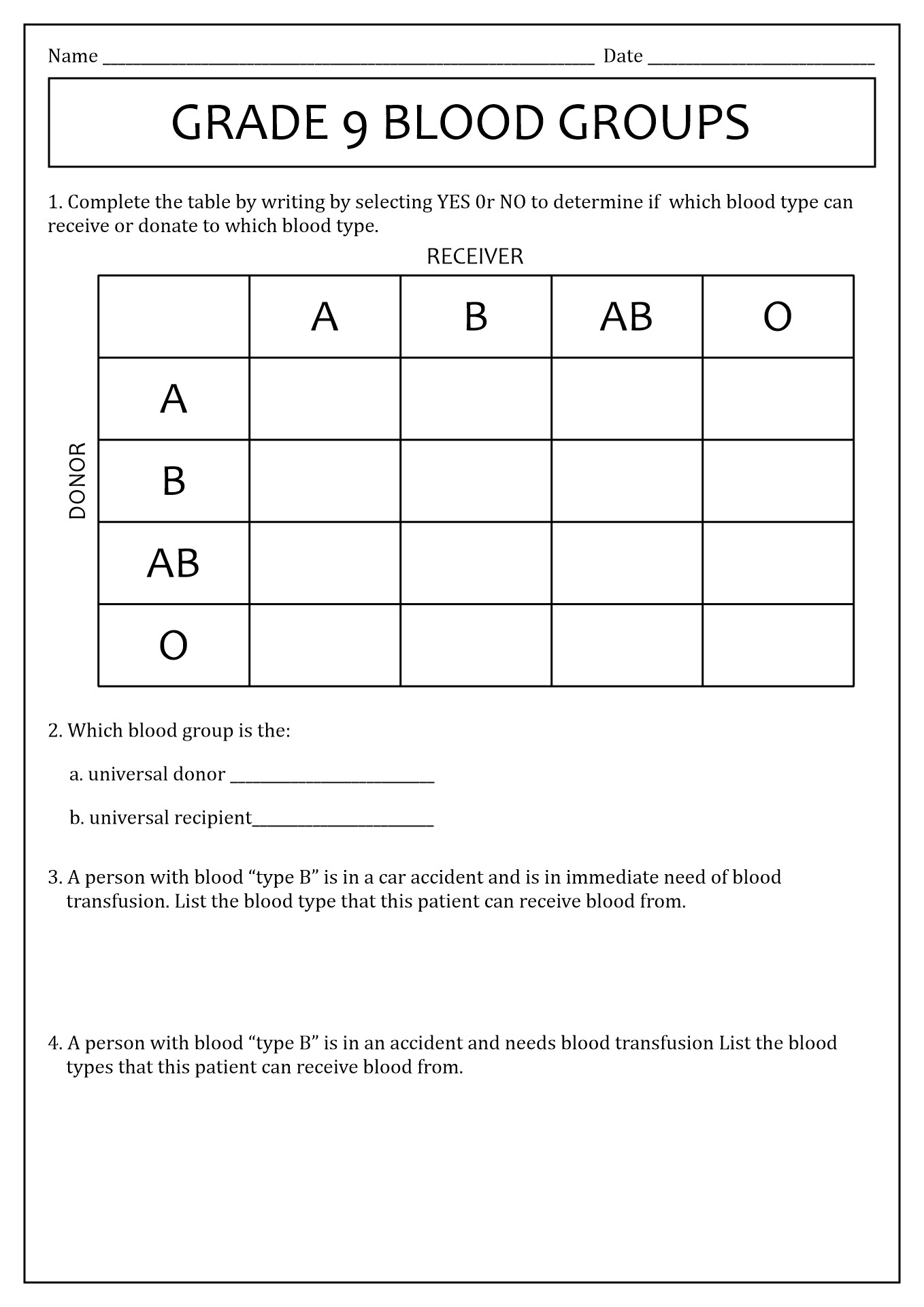 Human Blood Types Worksheet
