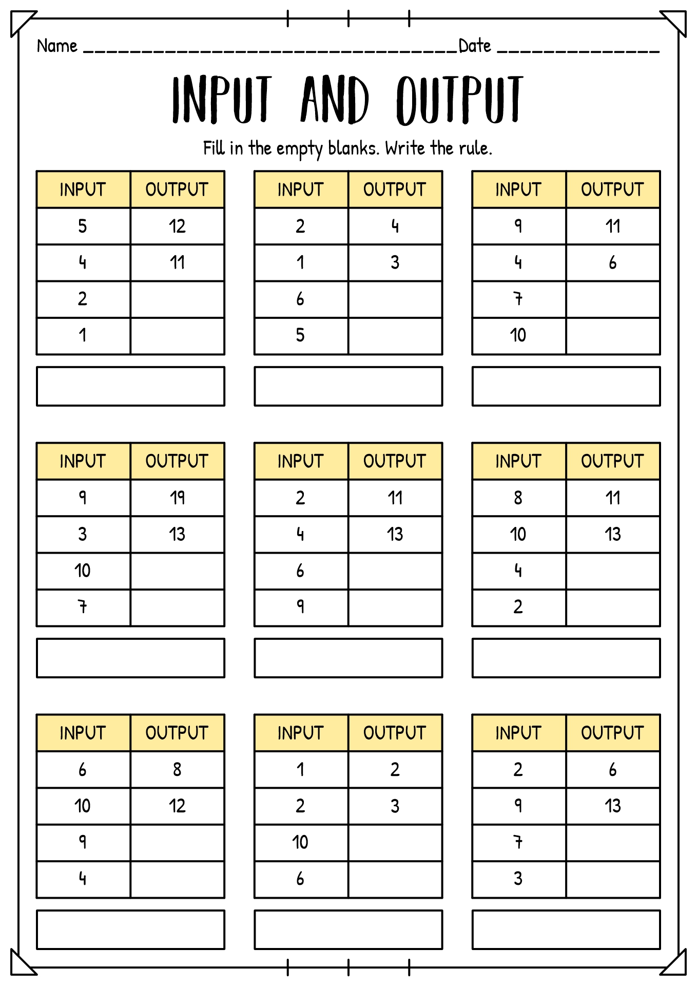 Input and Output Math Worksheets