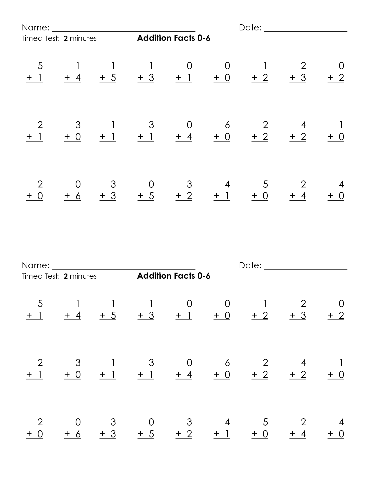 18 Addition Timed Tests Worksheets