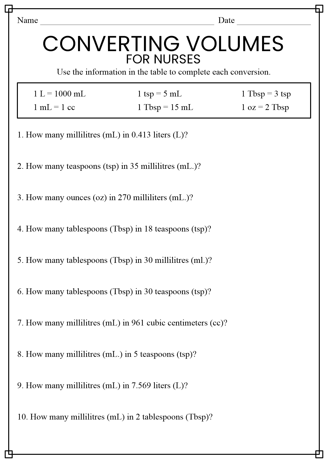 Math Worksheets for Nursing Students
