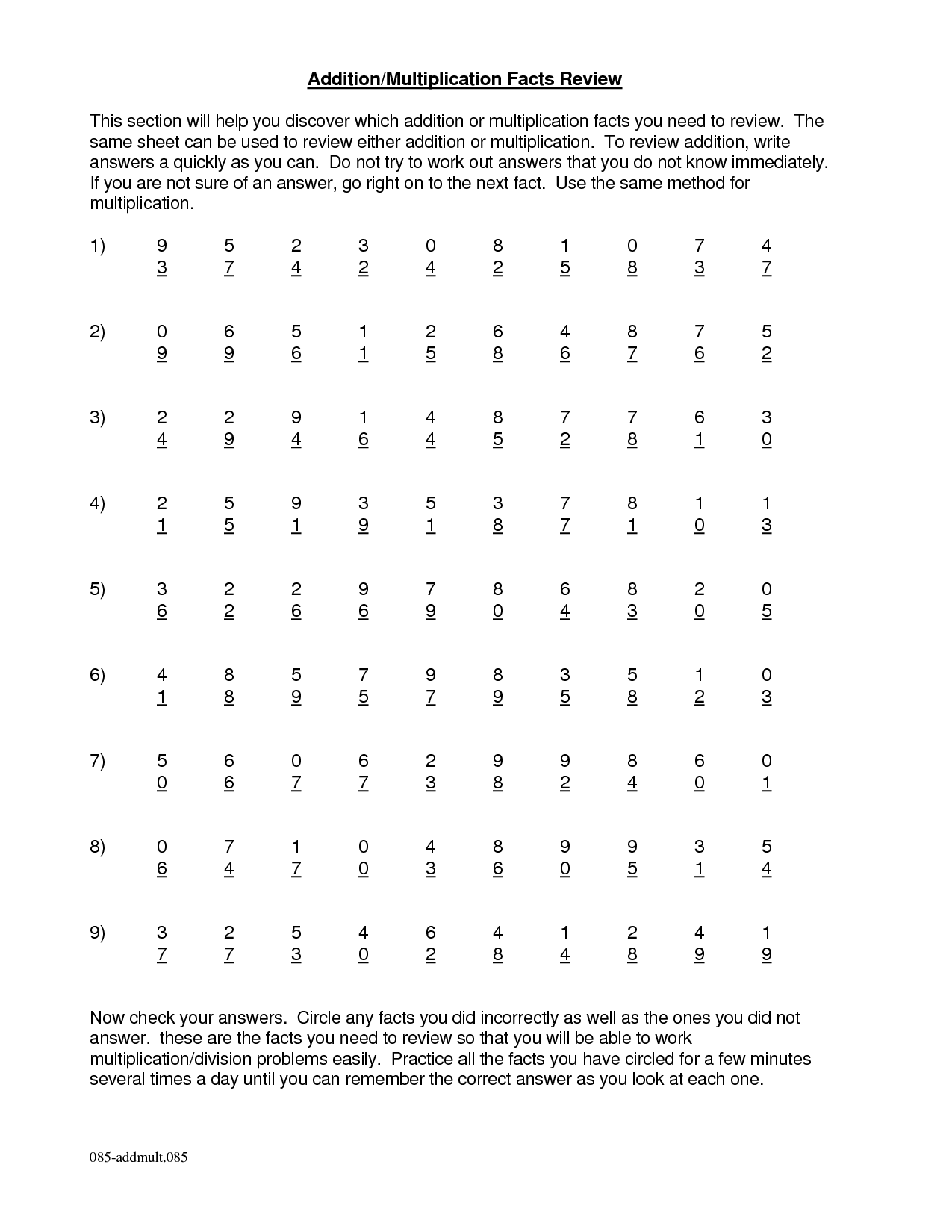 Multiplication Facts Worksheets 3rd Grade