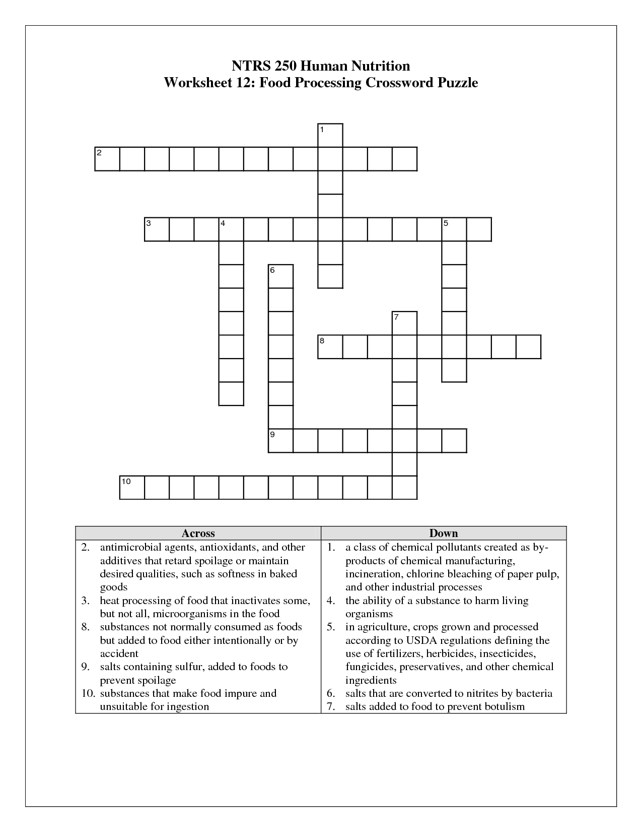 Printable Nutrition Crossword Puzzle Worksheet Image