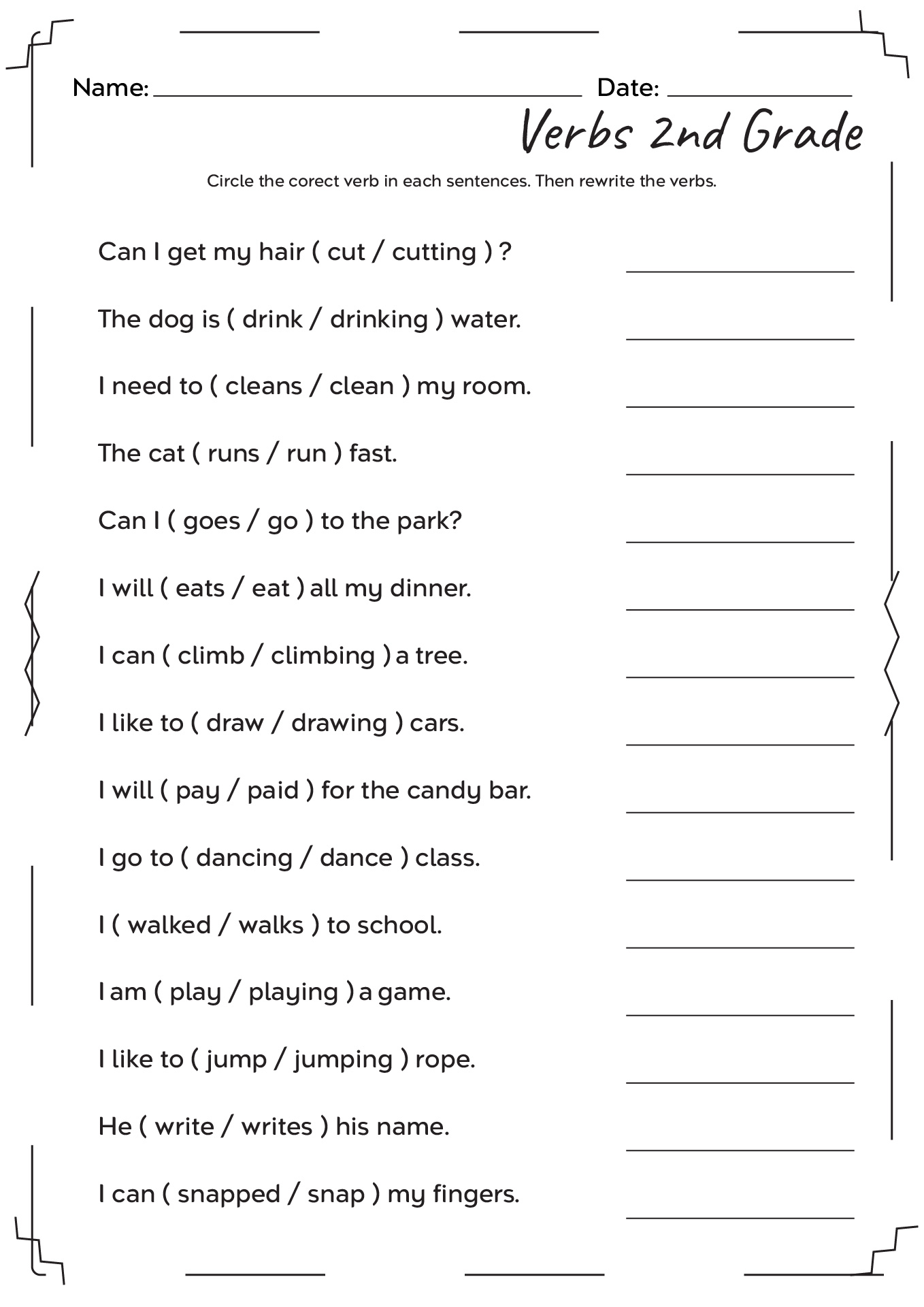 Printable Verbs Worksheets 2nd Grade