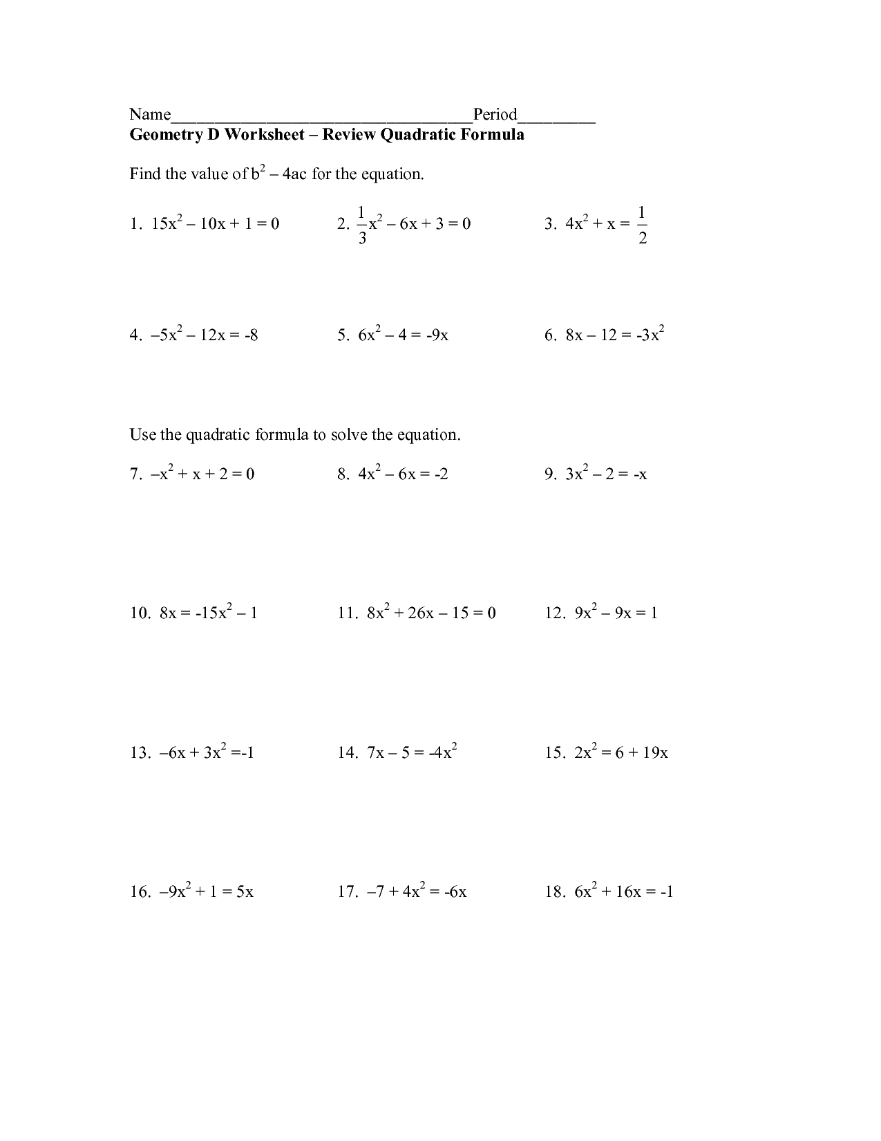 Quadratic Equation Worksheets with Answers Image